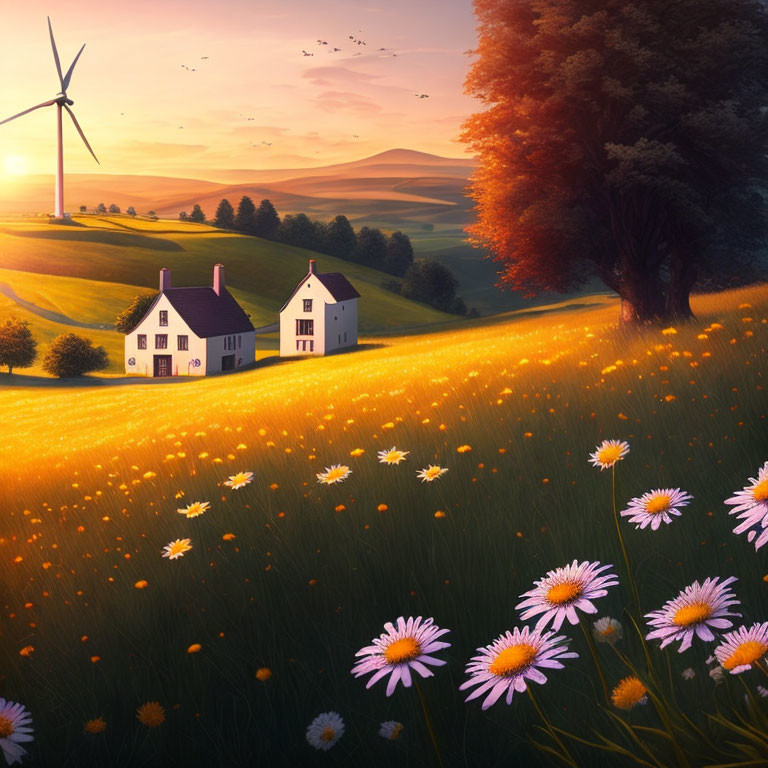 Rural landscape with houses, wind turbine, wildflowers, birds at sunset