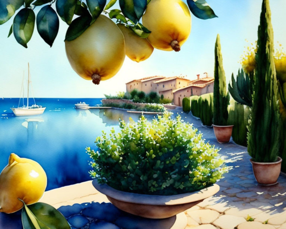 Colorful Watercolor Painting of Mediterranean Coastline with Lemons, Potted Plants, and Villas