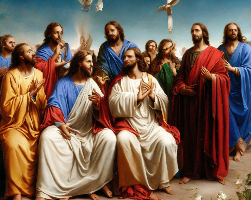 Classical painting of Jesus with twelve disciples under blue sky