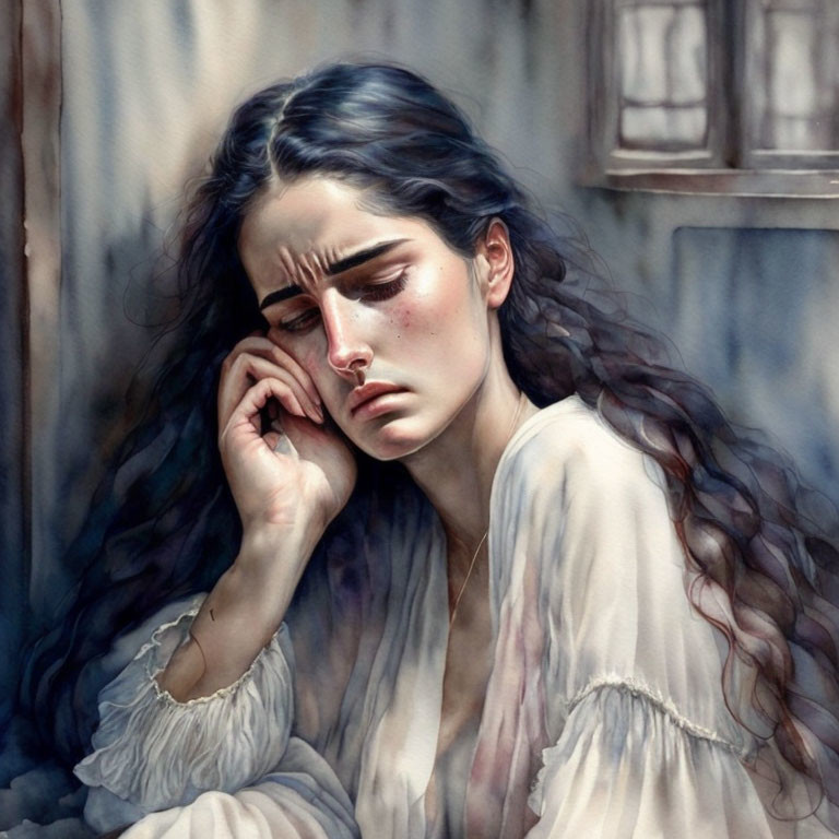 Sorrowful woman with tears, resting chin on hand, blurred window background