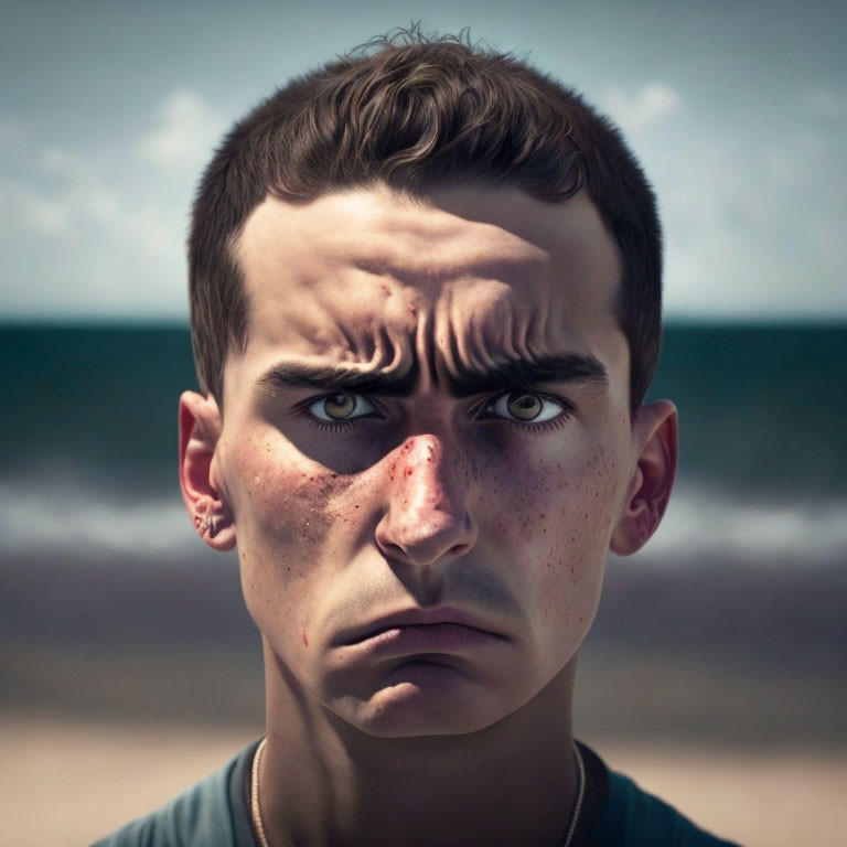 Digital artwork: Young man with exaggerated facial features on beach background