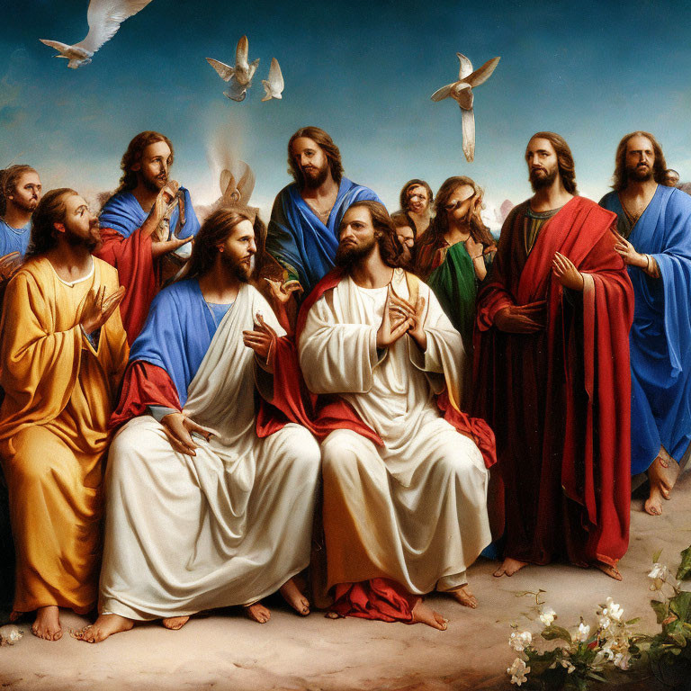 Classical painting of Jesus with twelve disciples under blue sky