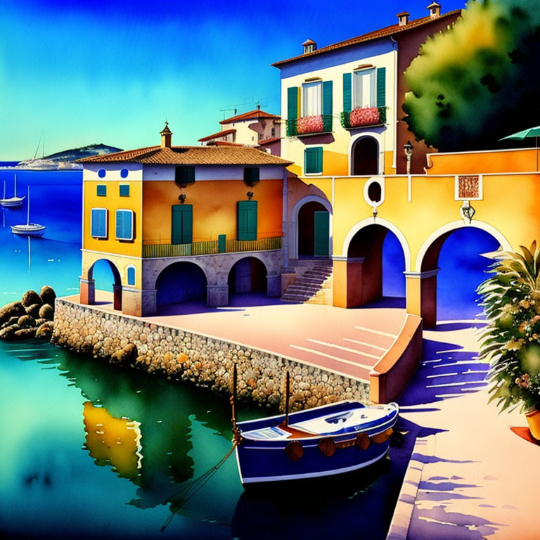 Colorful Seaside Village Painting with Boat and Blue Sky