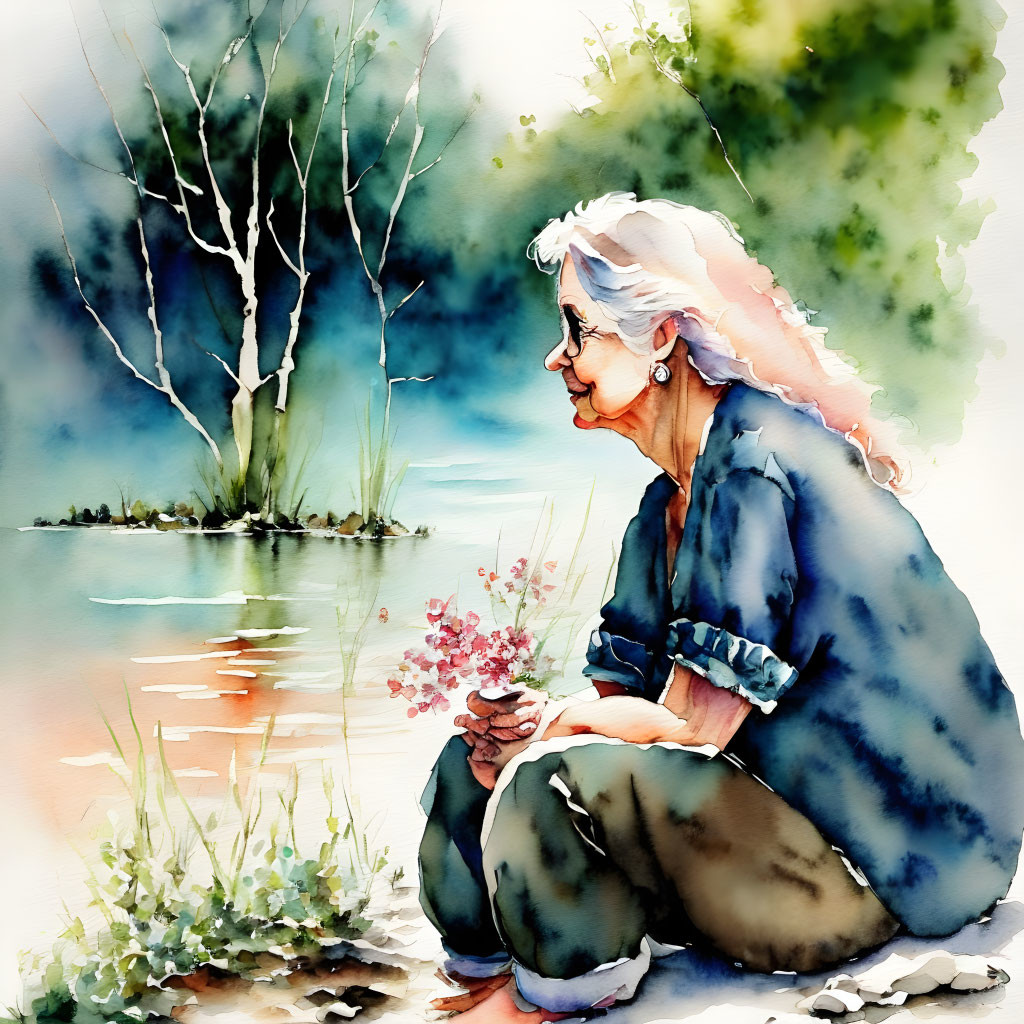 Elderly woman with white hair by tranquil water holding flowers