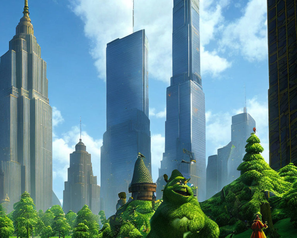 Fantastical cityscape with skyscrapers, greenery, and topiary creatures, featuring