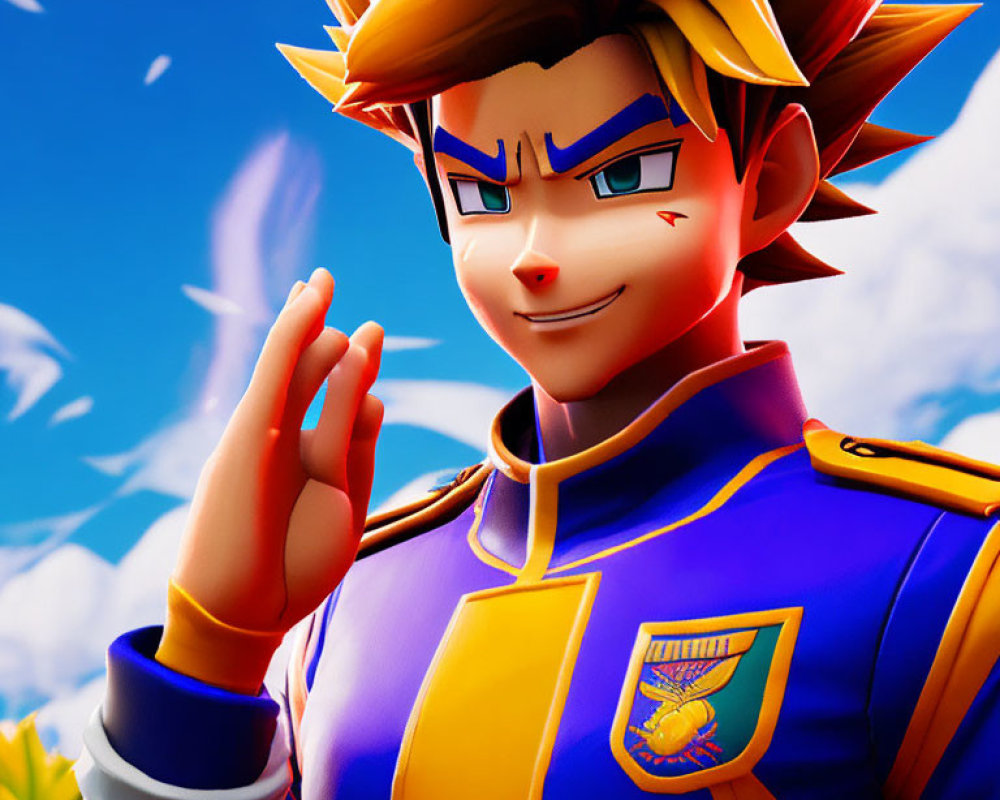 3D-animated character with spiky golden hair in blue and gold uniform smiling confidently