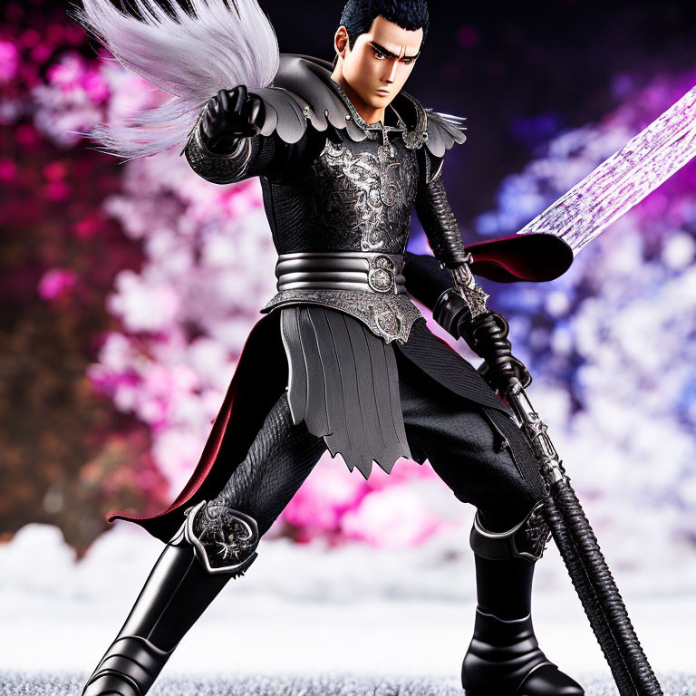 Warrior action figure in black armor with silver sword on floral background