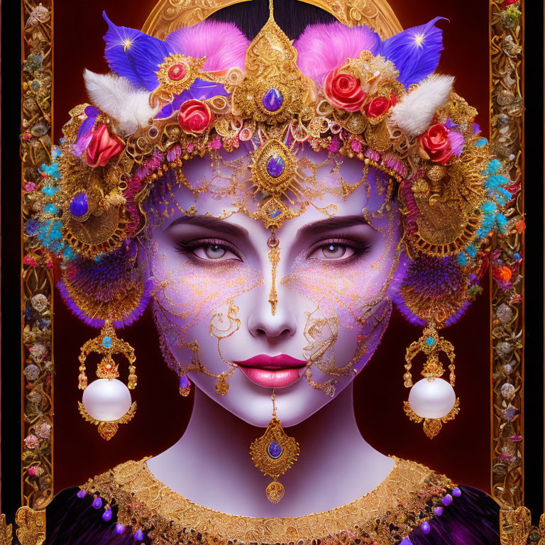 Elaborate fantasy makeup and headgear with flowers, jewels, and gold.