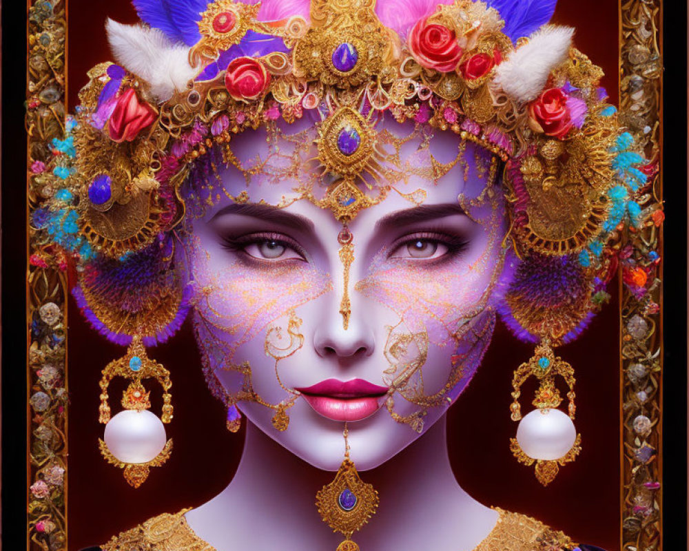 Elaborate fantasy makeup and headgear with flowers, jewels, and gold.