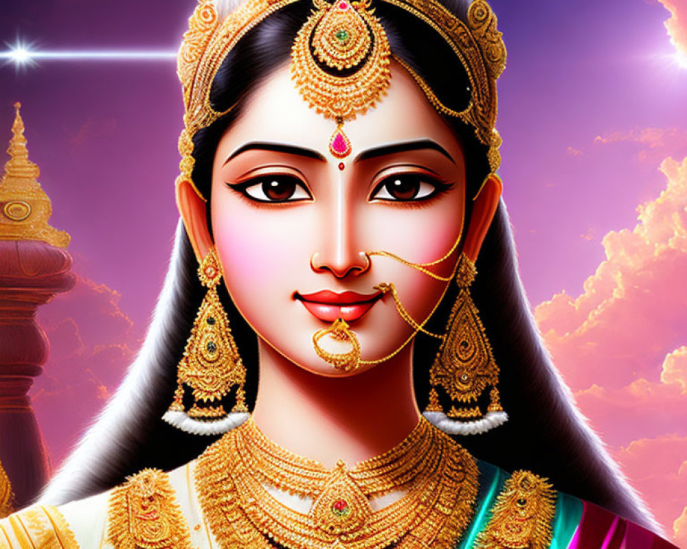 Illustration of woman with traditional hair and golden jewelry on gradient background