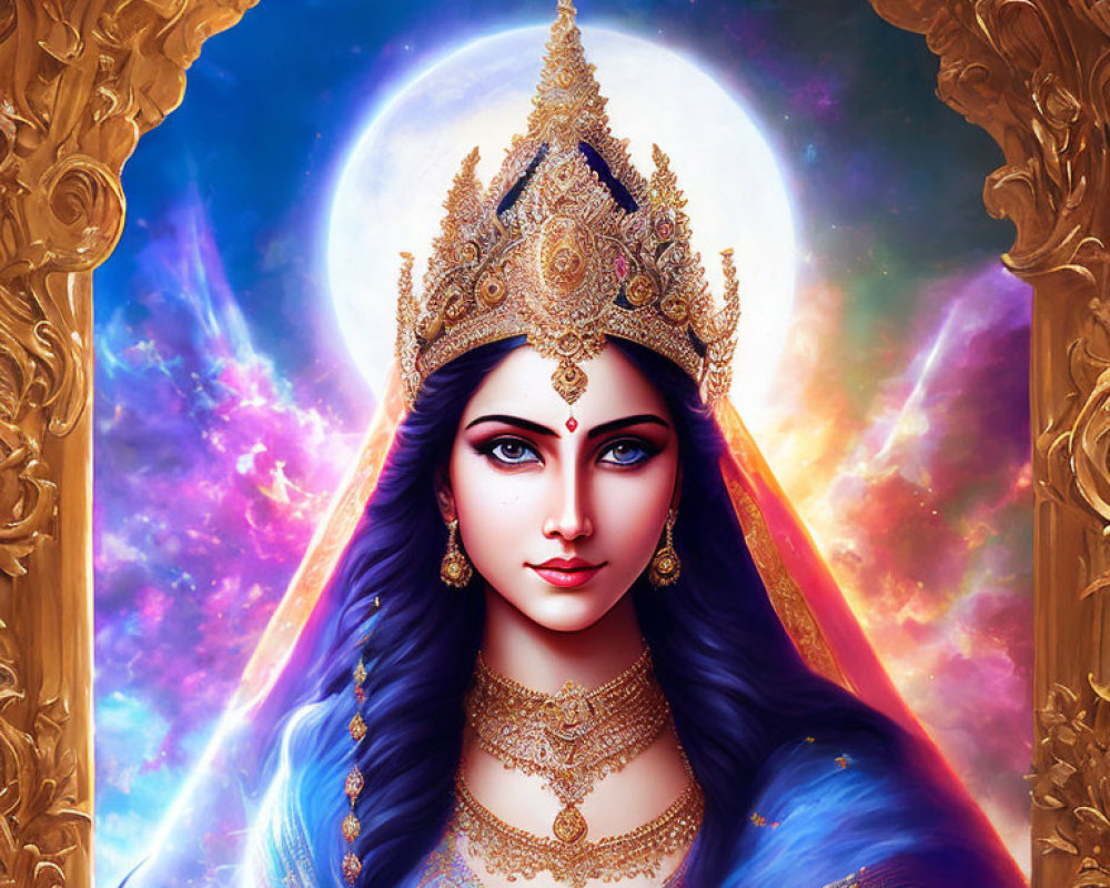 Blue-skinned woman in regal attire with golden jewelry against cosmic backdrop