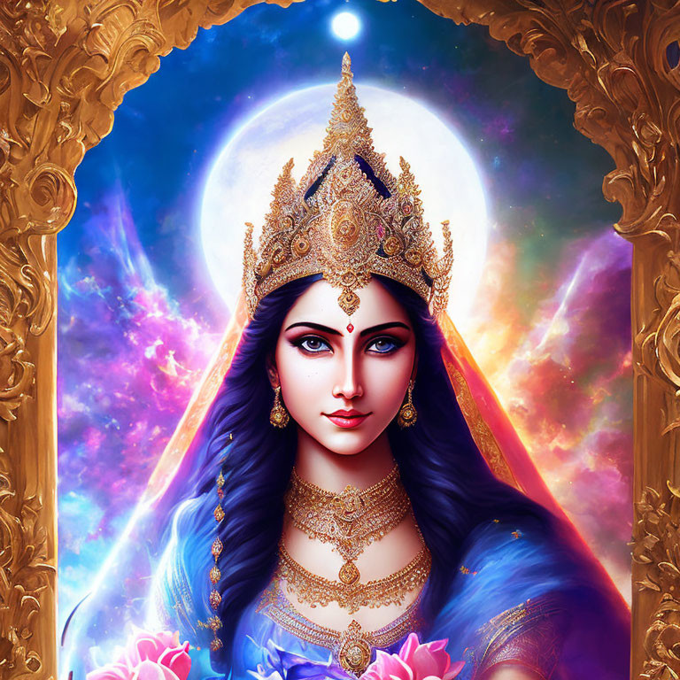 Blue-skinned woman in regal attire with golden jewelry against cosmic backdrop