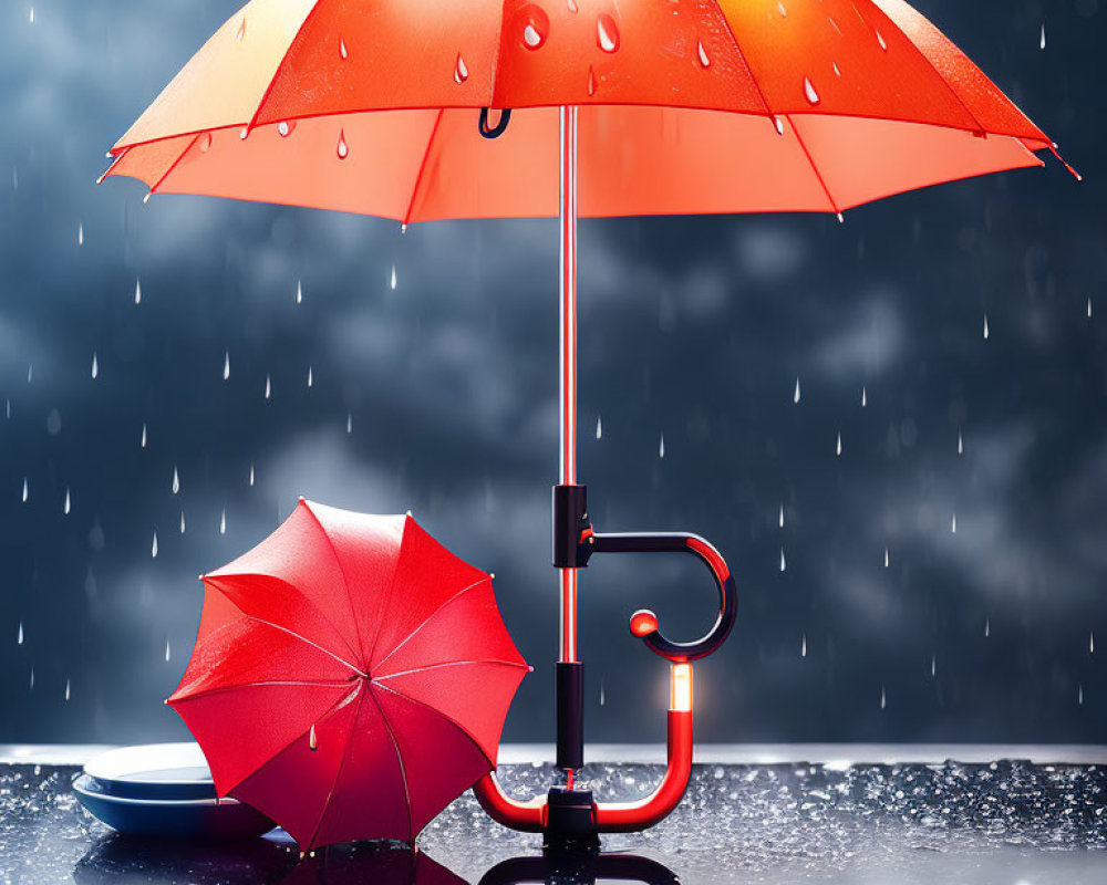 Red Umbrella with Curved Handle in Rainy Setting