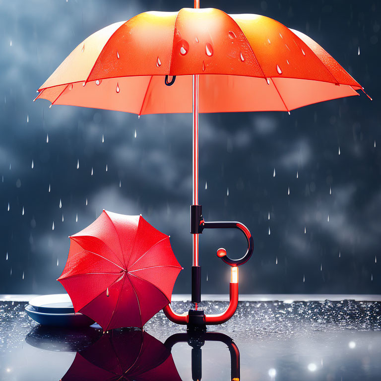 Red Umbrella with Curved Handle in Rainy Setting