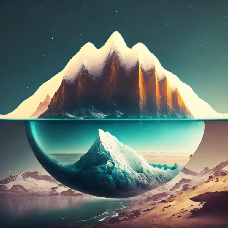 Mountain Reflection in Surreal Desert Landscape with Cosmic Elements