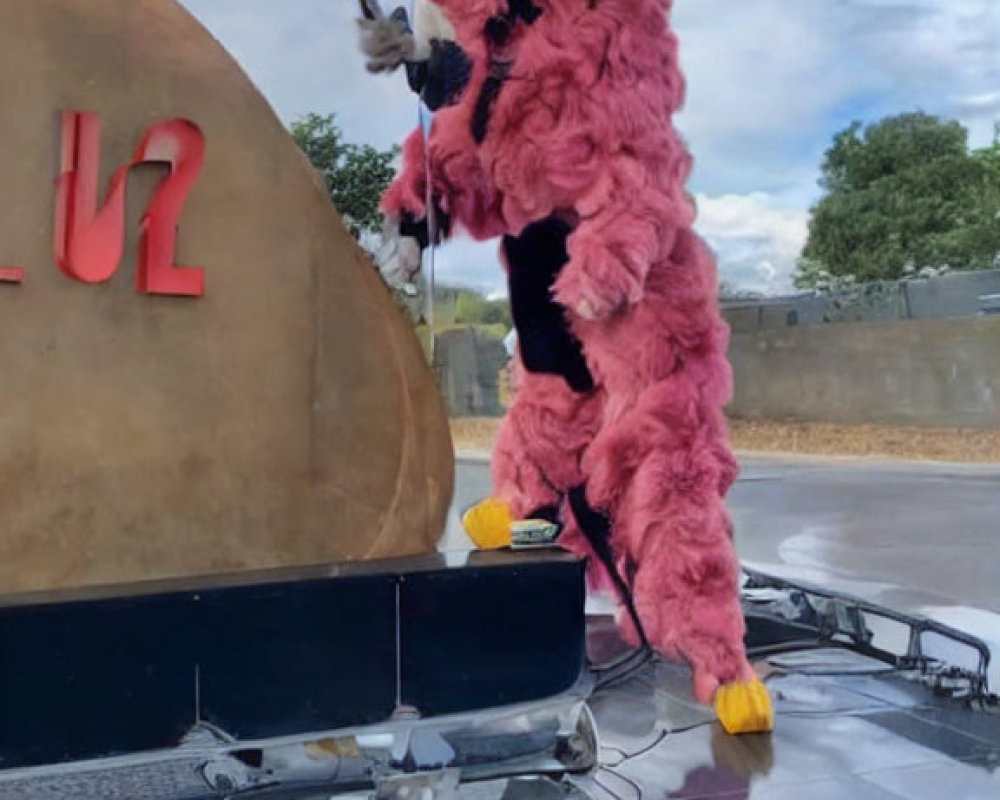 Pink furry costume person with bird-like face and white object near gold U-2 structure