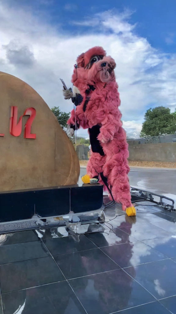 Pink furry costume person with bird-like face and white object near gold U-2 structure