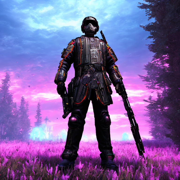 Futuristic soldier in black armor with rifle in purple field under pink skies