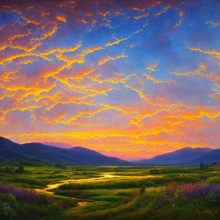 Fiery Sunset Sky over Serene Valley and River