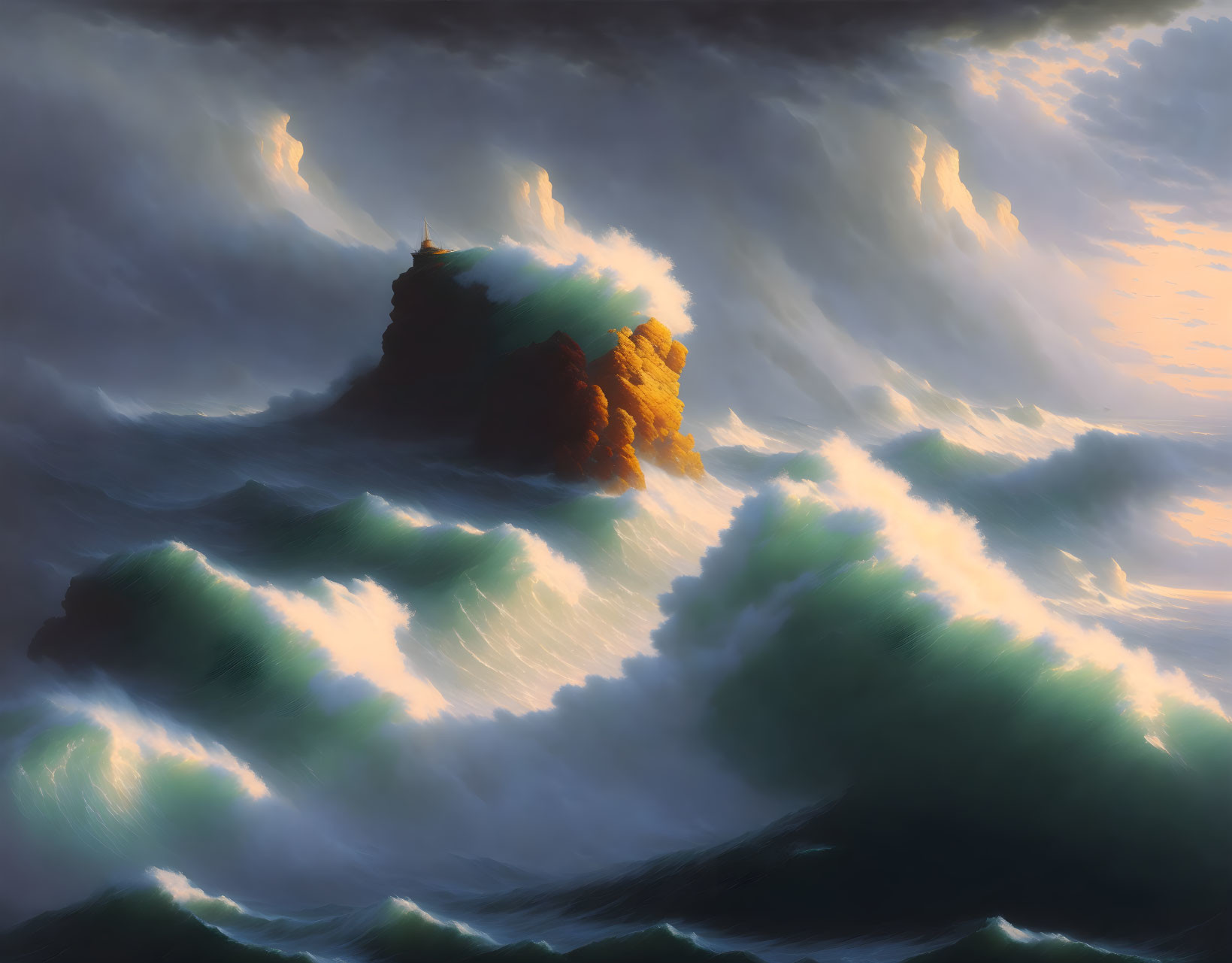 Dramatic solitary island in tumultuous sea waves under sunlight pierce clouds