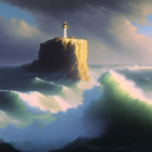 Dramatic solitary island in tumultuous sea waves under sunlight pierce clouds