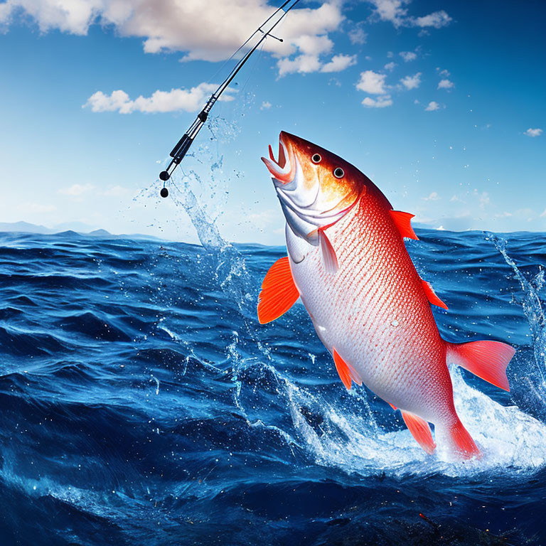 Vibrant red fish jumping from ocean with fishing rod in background