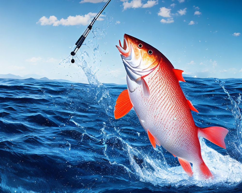 Vibrant red fish jumping from ocean with fishing rod in background