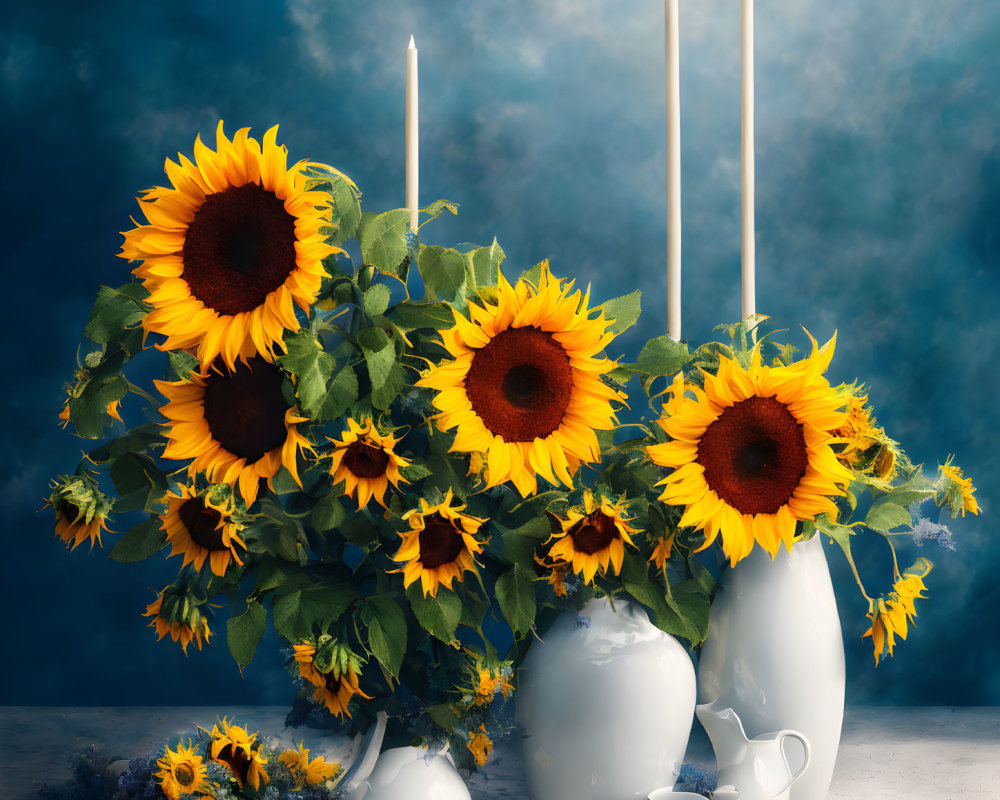 Sunflowers in white vases with candles on blue backdrop