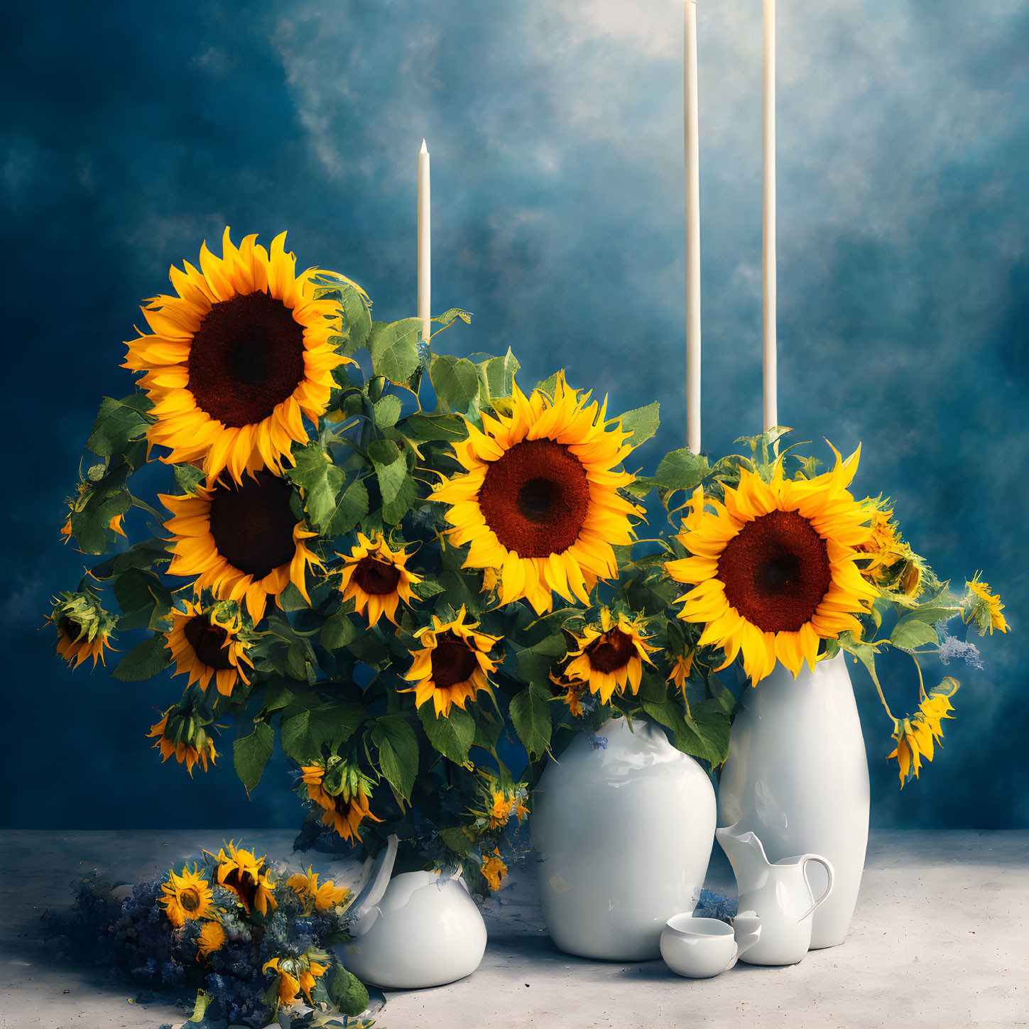 Sunflowers in white vases with candles on blue backdrop