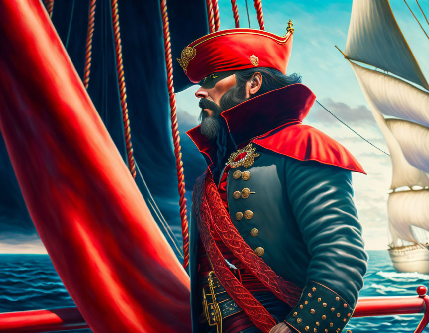 Regal maritime officer in red and black uniform by ship riggings