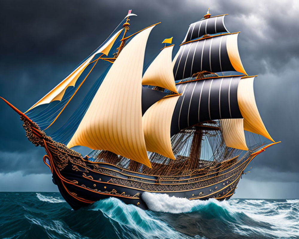 Majestic sailing ship on high seas in stormy sky