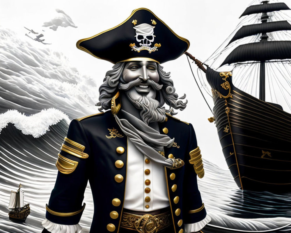 Smiling cartoon pirate with beard and captain's hat on pirate ship background