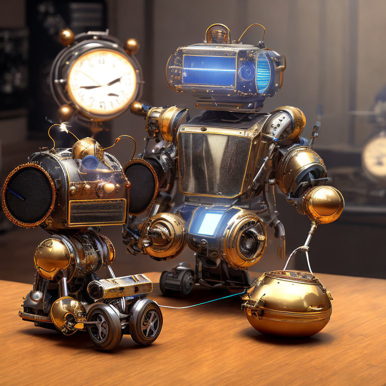 Steampunk-inspired robot family in cozy 3D interior.