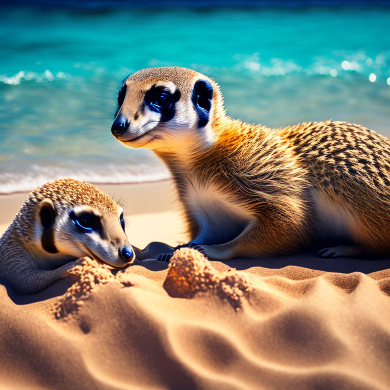 Two meerkats on sandy terrain with one lying down and the other sitting upright against a vibrant blue