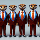 Five identical meerkat figures in red suits and ties on gray background