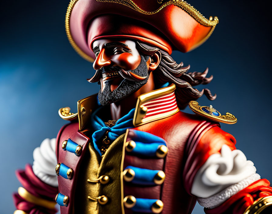 Detailed Pirate Figure with Red Hat and Coat on Blue Background