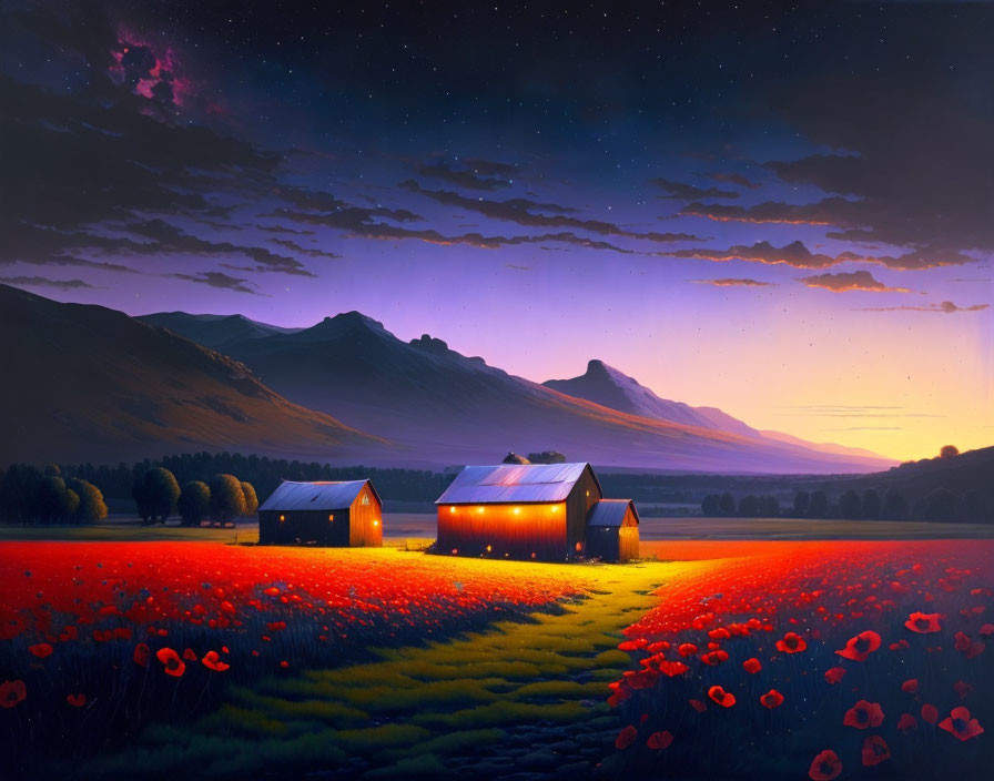 Twilight sky with stars over red poppies and barns