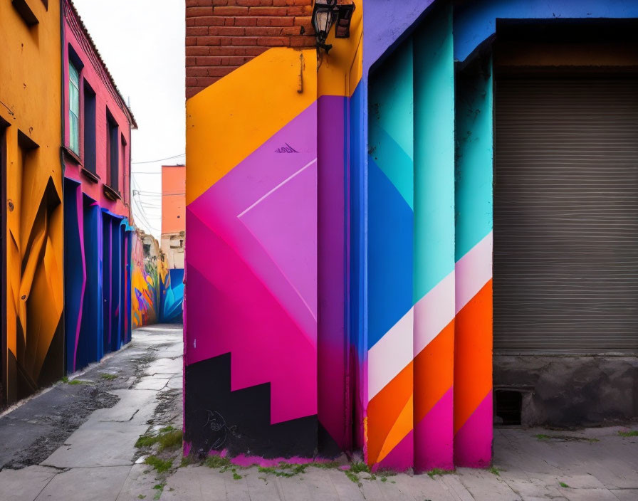 Colorful geometric shapes adorn urban alley buildings.