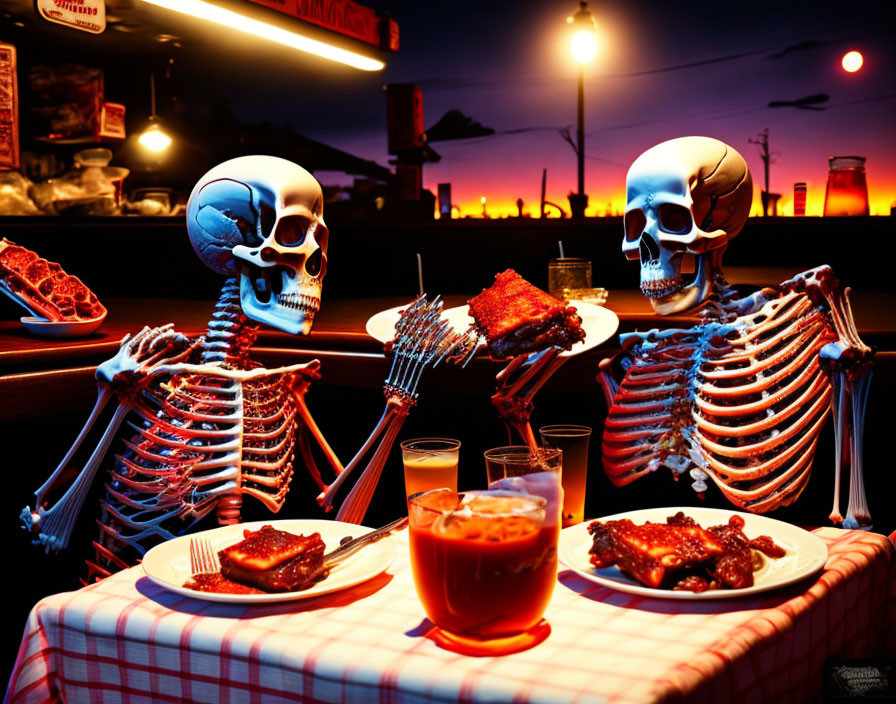 Skeletons dining at table with ribs and sunset view