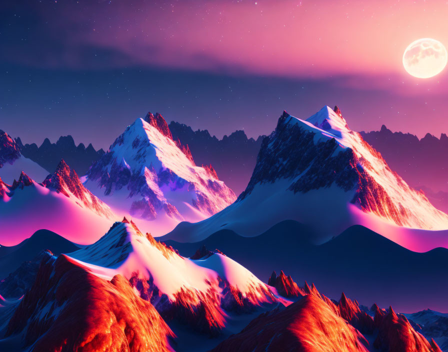 Snowy mountains under pinkish-purple sky with stars and full moon landscape.