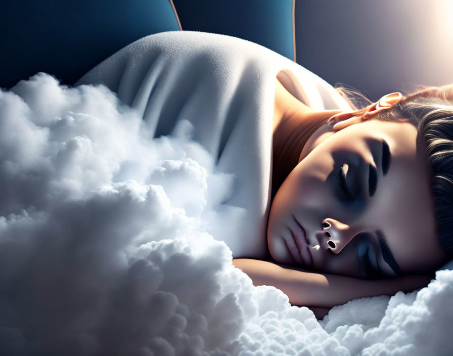 Person resting in clouds on dark background