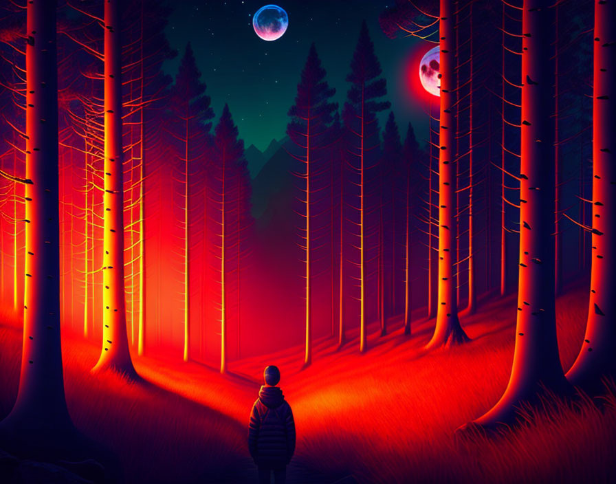 Surreal forest scene with glowing trees and oversized moons