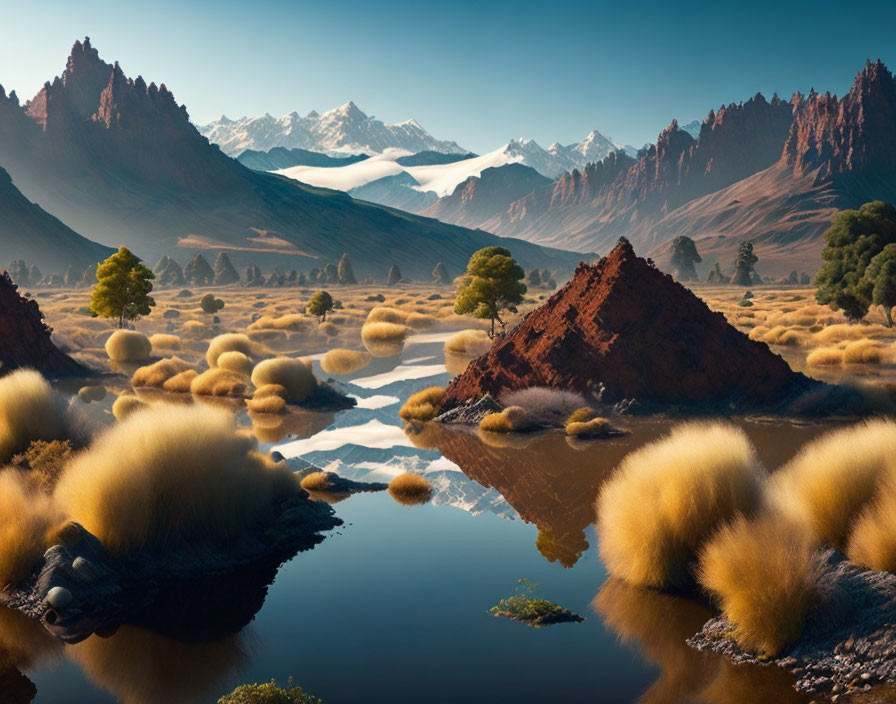 Tranquil river landscape with fluffy plants, mountains, and clear sky