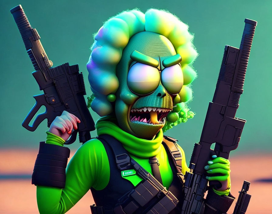 Green-skinned angry character with mohawk holding rifles in 3D illustration