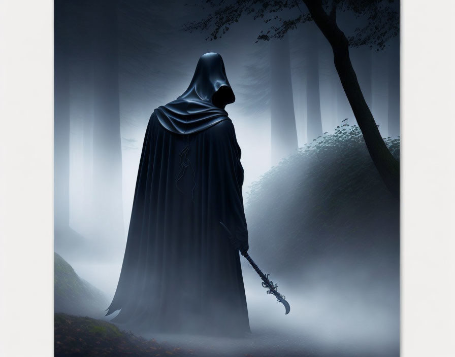 Cloaked figure with cane in misty ethereal forest