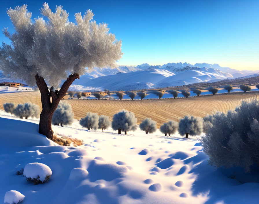 Snow-covered landscape with olive trees, rolling hills, and distant mountains in warm sunlight