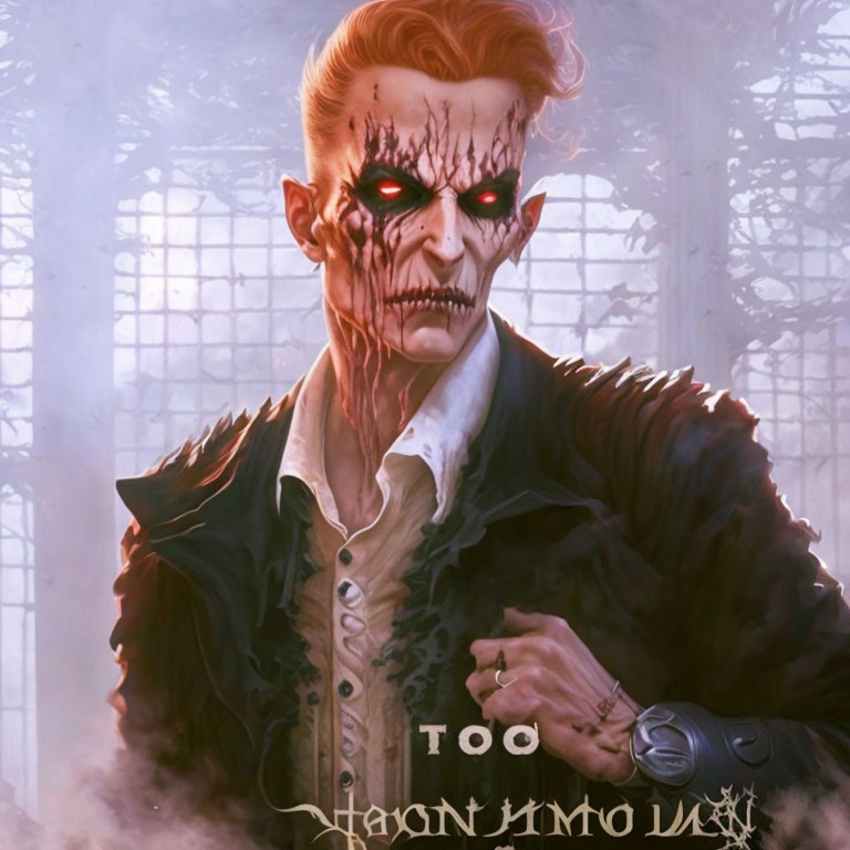 Menacing undead character with red eyes and tattoos in foggy forest.