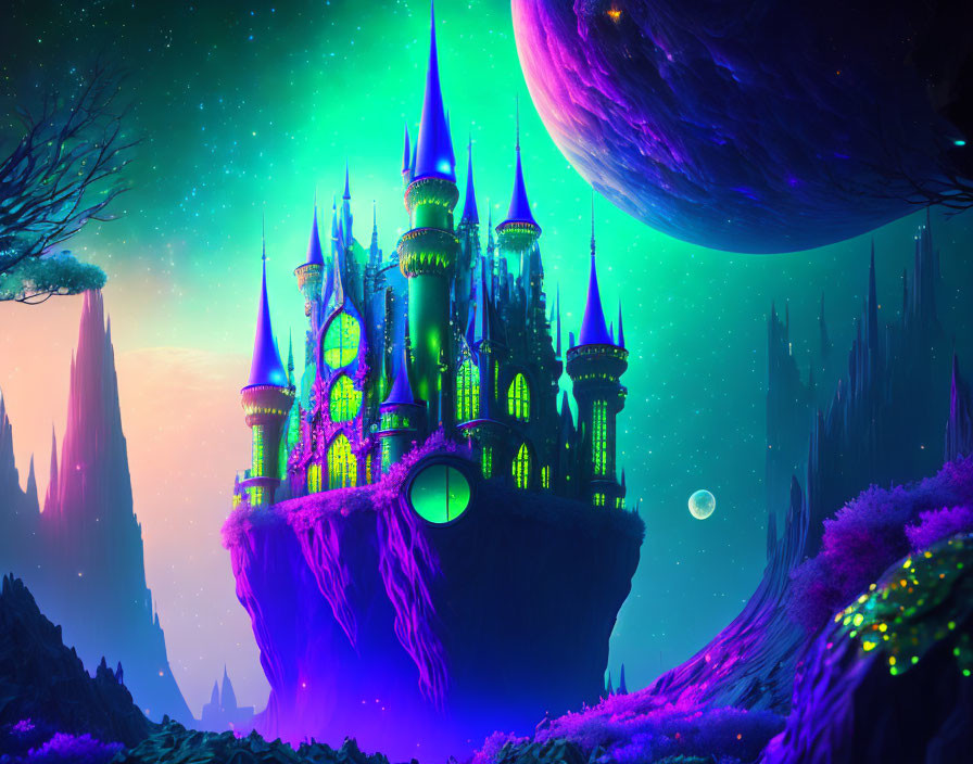 Fantastical castle on floating island in cosmic scene