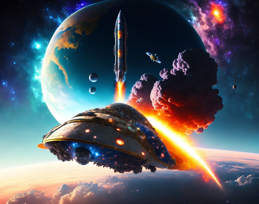 Colorful sci-fi scene: spaceship in hyperspace near planet, moons, and nebula