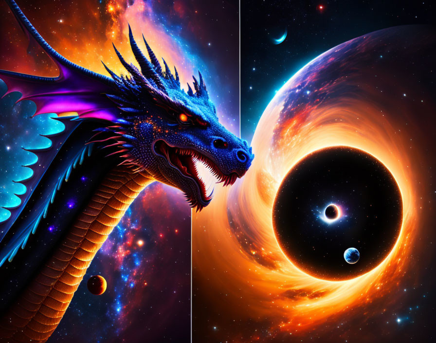 Colorful Dragon Artwork in Cosmic Space with Swirling Galaxy